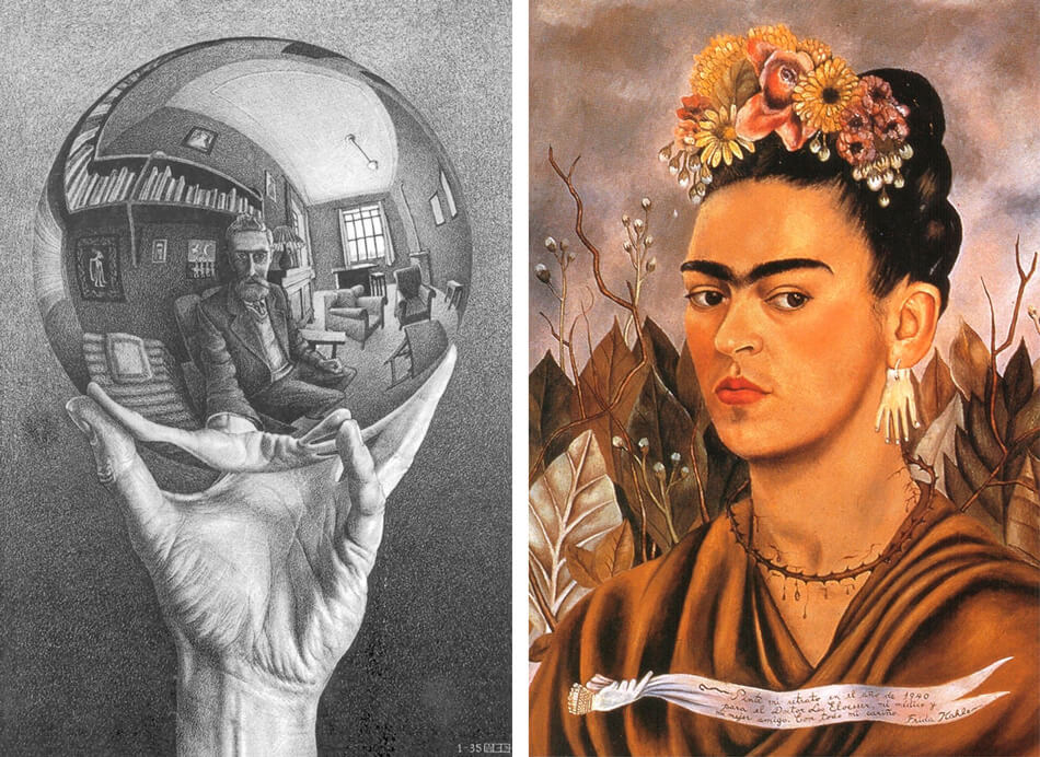 Autoretratos de M.C. Escher y Frida Kahlo