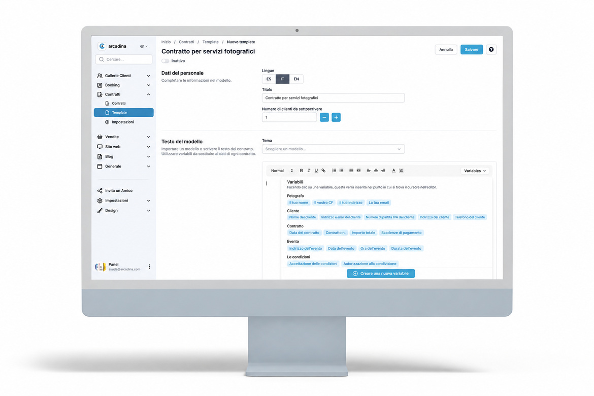Editor dei modelli di contratto di Arcadina in italiano con variabili personalizzabili