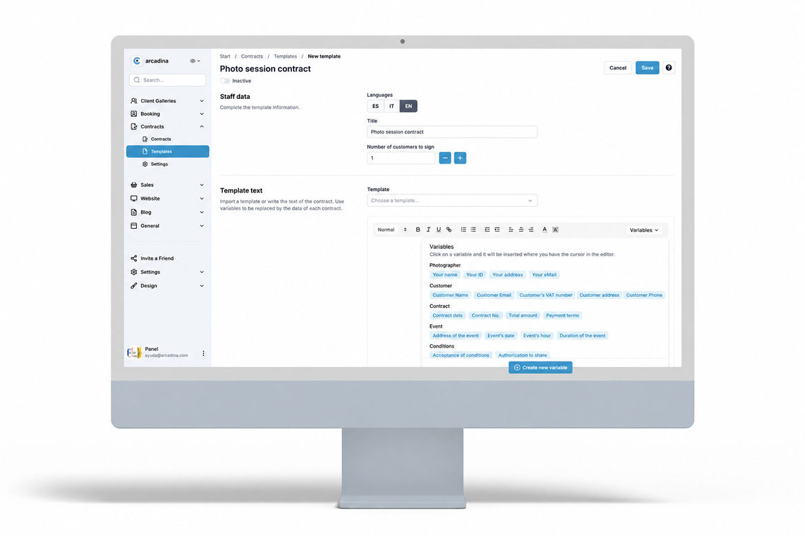Arcadina contract template editor in English, with customizable variables