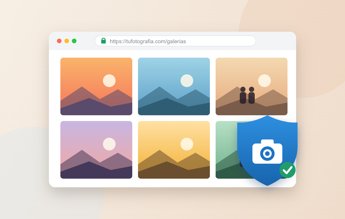 Ilustración de una web de fotógrafo con galerías de fotos protegida por un escudo con una cámara